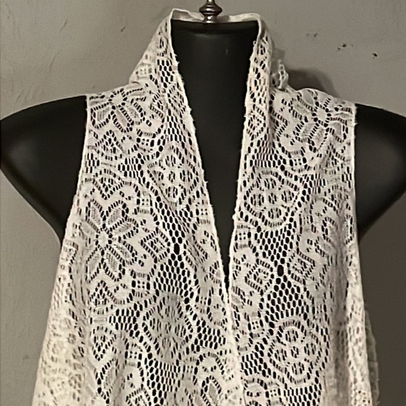 OS Vintage 1988 Time USA cream ivory lace sleeveless open long cardigan - Picture 4 of 12